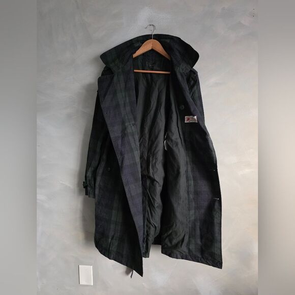 Zara Waxed Blue Green High Neck Belted Plaid Trench Coat British Millerain Sz M - Picture 10 of 16